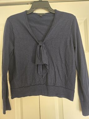 J.Crew Navy Wool Blend Sweater Tie Front Bow Lightweight Knit Size Medium